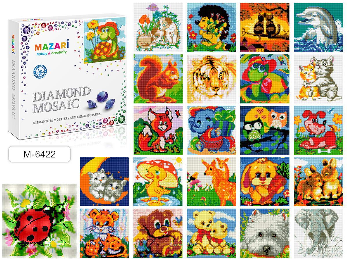 Алмазная вышивка холст 20х20см. MAZARI "ЗАБАВНЫЕ ЗВЕРЯТА" ассорти, М-6422/1/12